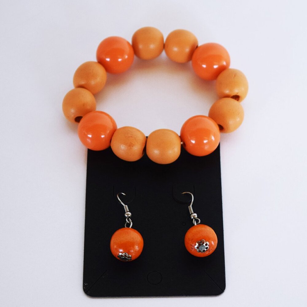 Orange Chunky Round Beaded Necklace Bracelet with Drop Earrings